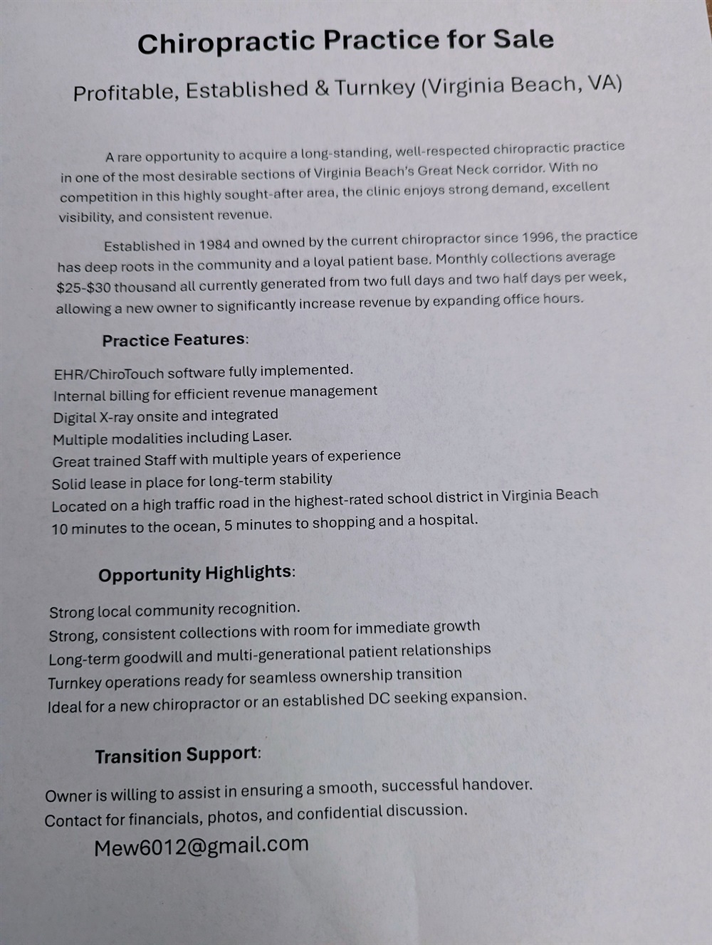 CHIROPRACTIC PRACTICE FOR SALE