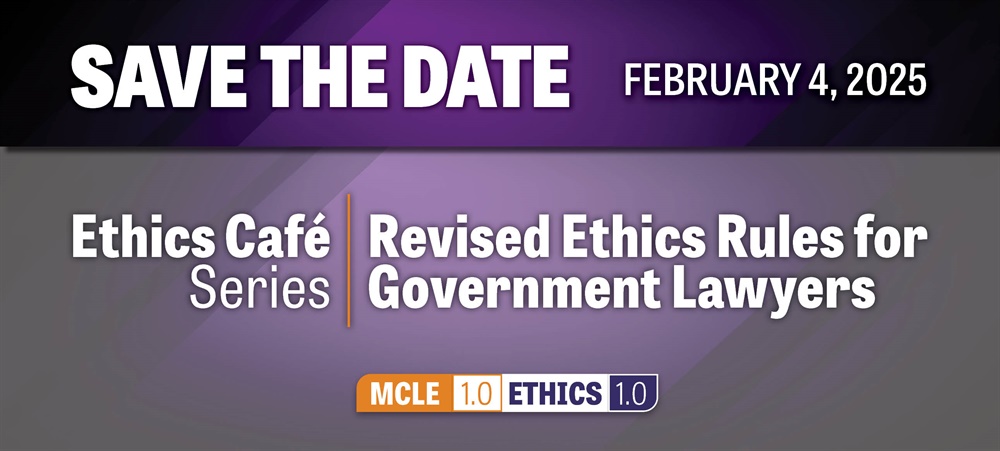 Purple graphic background with ethics program text