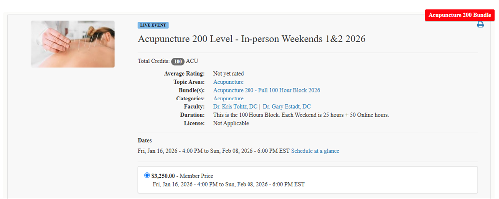 Acupuncture 200 - Full 100 Hour Block 2026