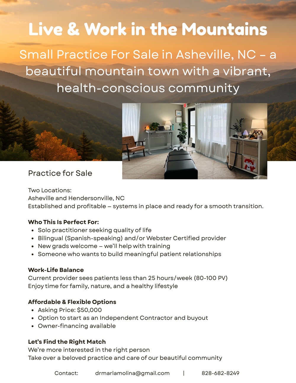 Sole Practitioner Practice For Sale in Asheville, NC