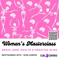Women's Masterclass: Brain, Bone Health & Practice Bliss Logo with skeletons dancing and brains on a pink background.