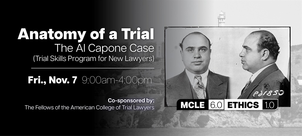 Al Capone mugshot with Alcatraz in the background with seminar date and time