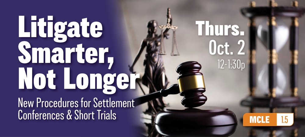 Gavel and Lady Justice statue plus hourglass with seminar date and time