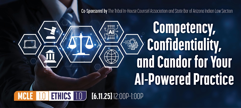 Digital AI legal graphic with seminar text and dates