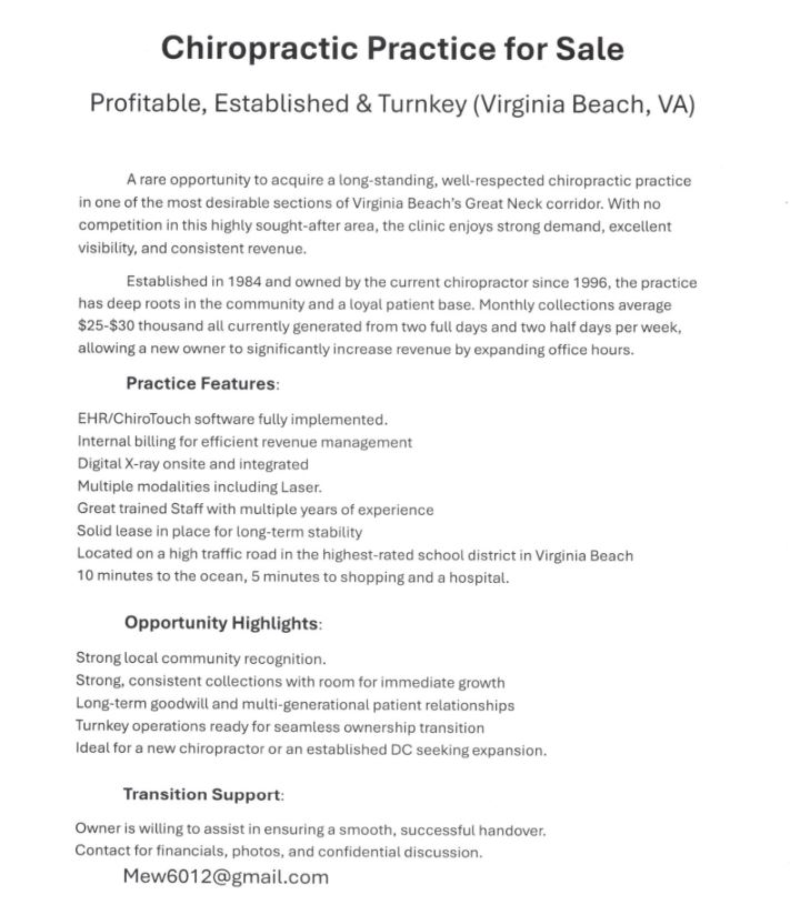 Chiropractic Practice for Sale